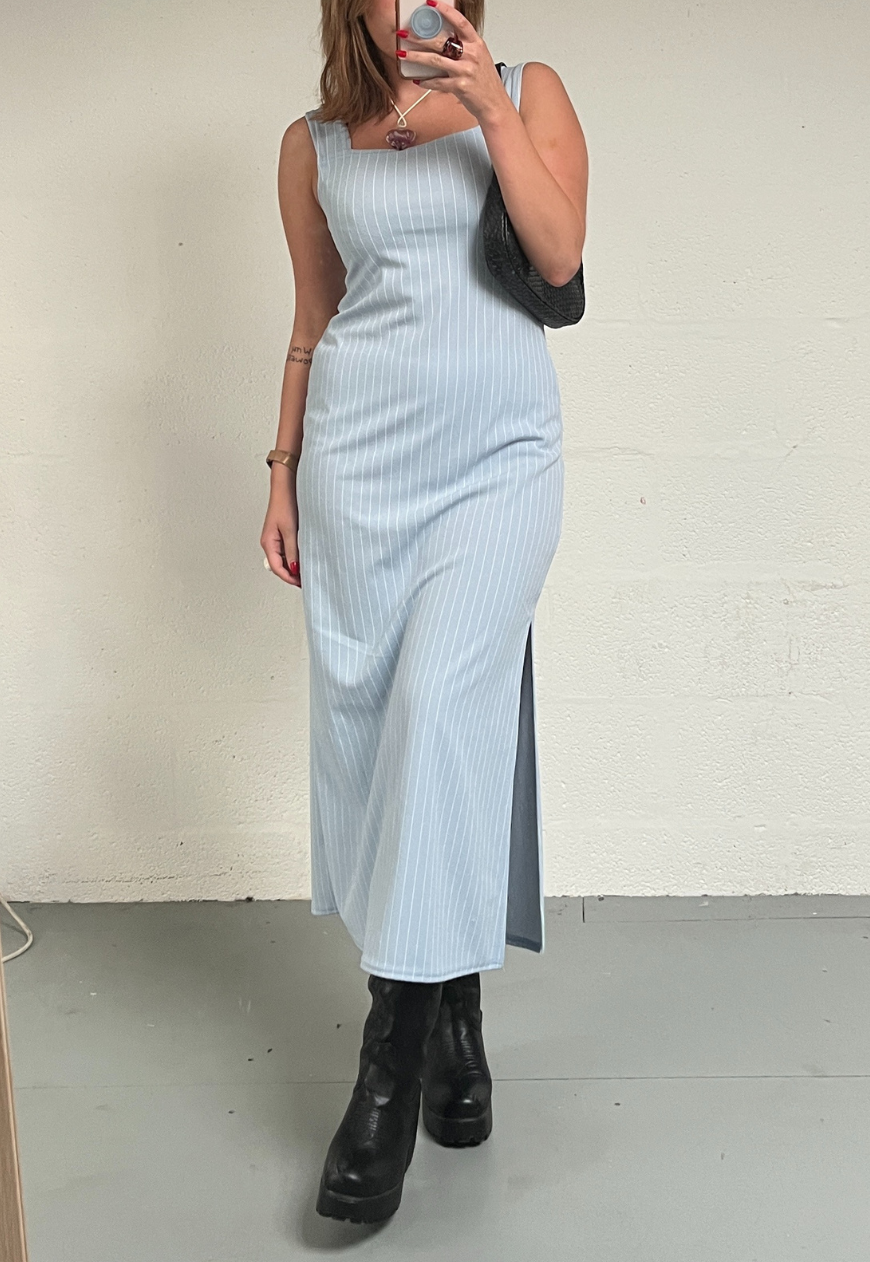 BLUE PINSTRIPE SPLIT LONG DRESS - HISSY FIT LTD