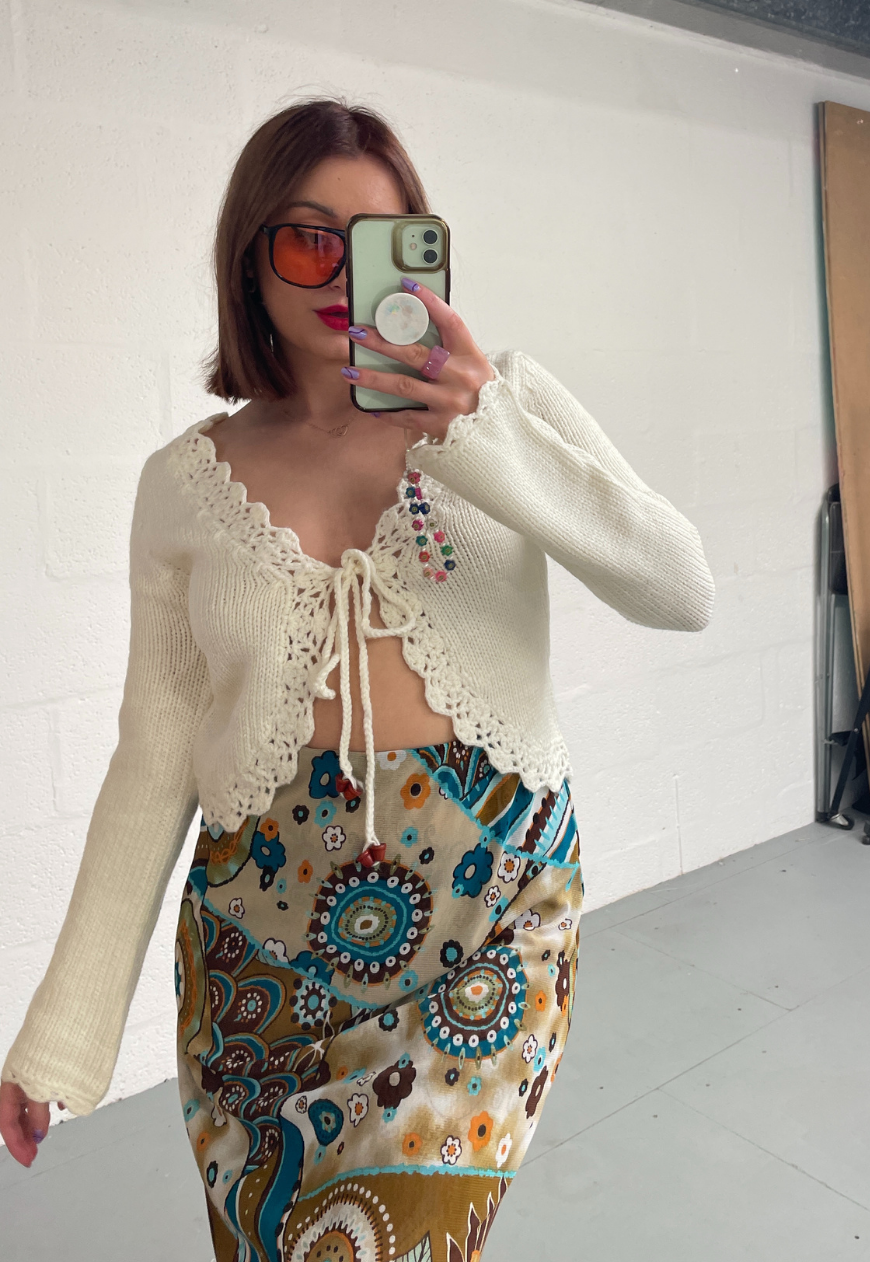 CREAM CROCHET TRIM CARDIGAN (0011) - HISSY FIT LTD