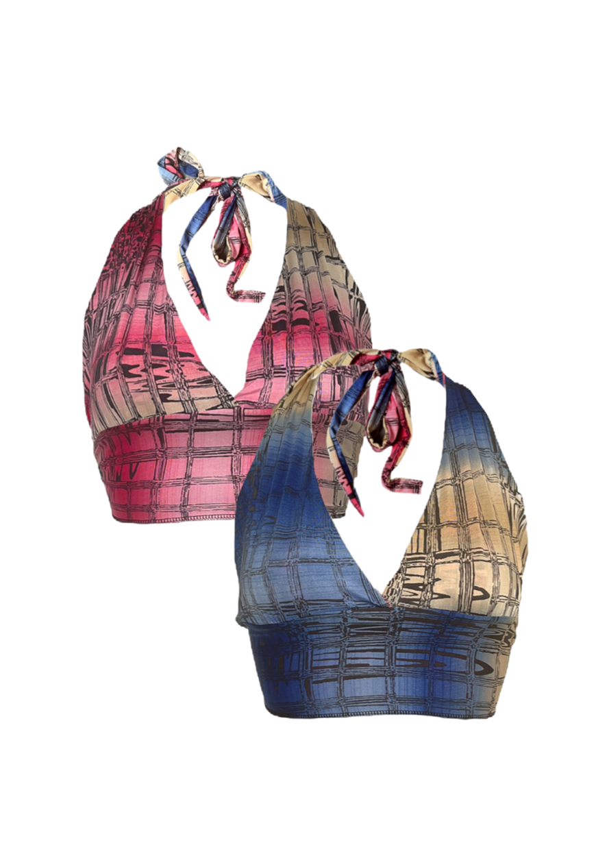 BLUE/PINK GRID REVERSIBLE HALTER TOP - HISSY FIT LTD