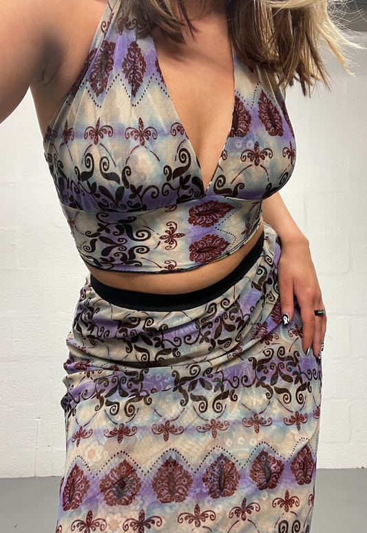 LILAC GRUNGE/BROWN FLOWER REVERSIBLE HALTER TOP - HISSY FIT LTD