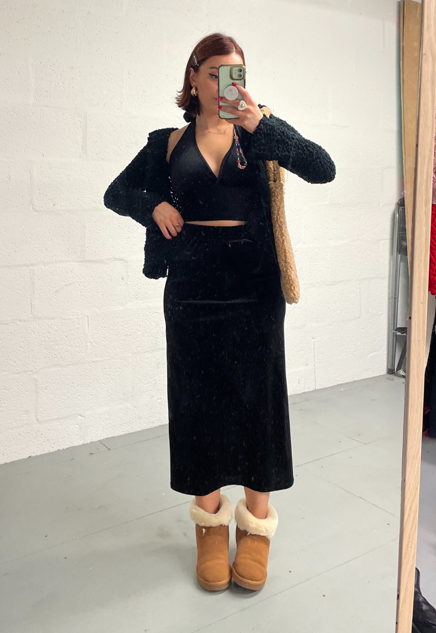 Velour online midi skirt
