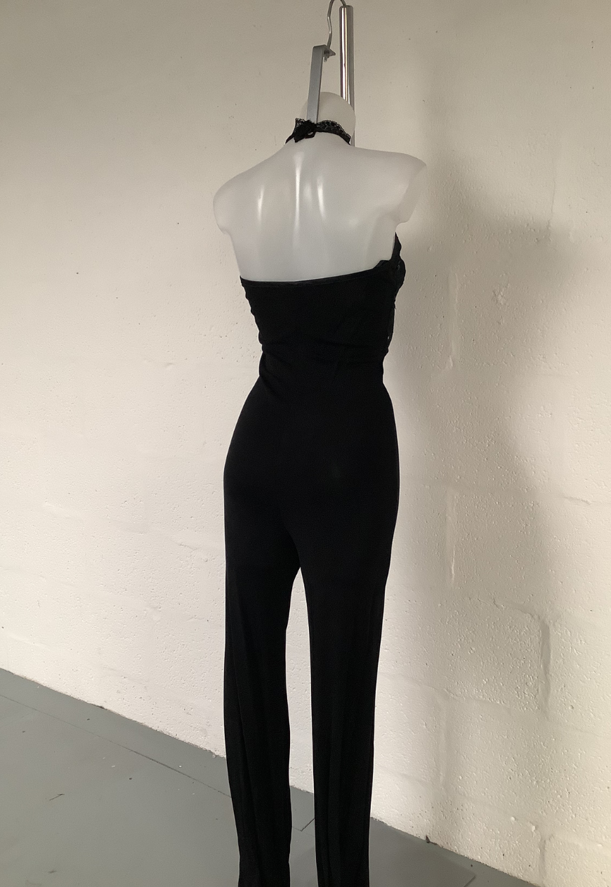 BLACK LACE HALTER NECK JUMPSUIT 029 MULTIPLE SIZES