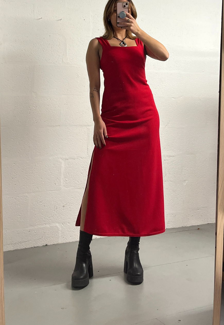 RED SPLIT MAXI DRESS - HISSY FIT LTD