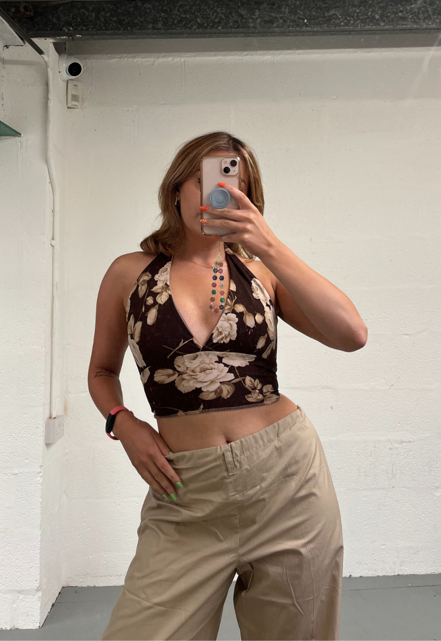 BROWN/BROWN ROSE REVERSIBLE HALTER TOP - HISSY FIT LTD