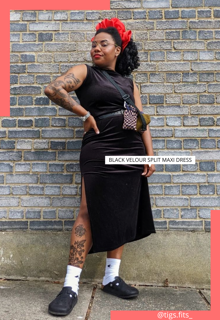 BLACK VELOUR SPLIT MAXI DRESS HISSY FIT LTD