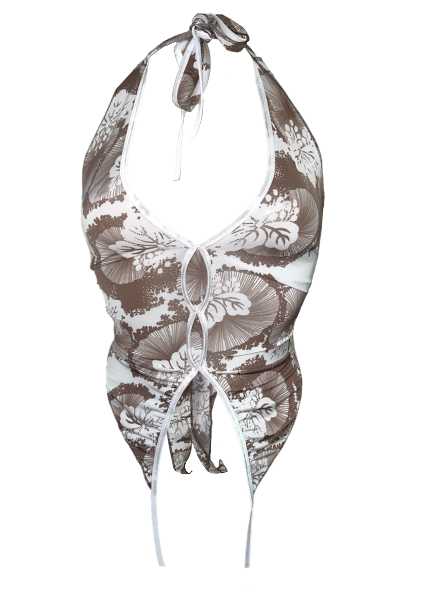 OFFCUTS BROWN FLOWER POINTED HALTER TOP - HISSY FIT LTD