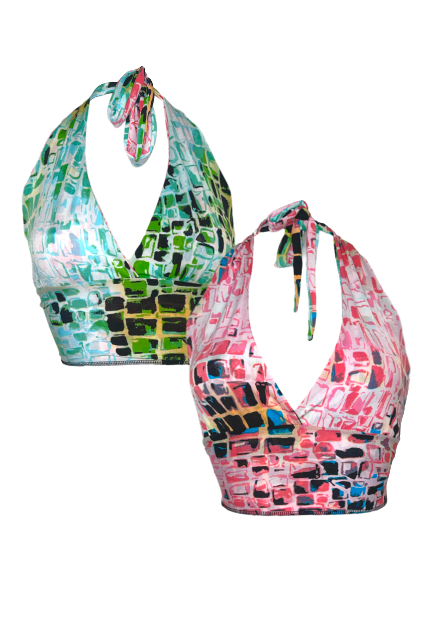 PINK/GREEN TILE REVERSIBLE HALTER TOP - HISSY FIT LTD