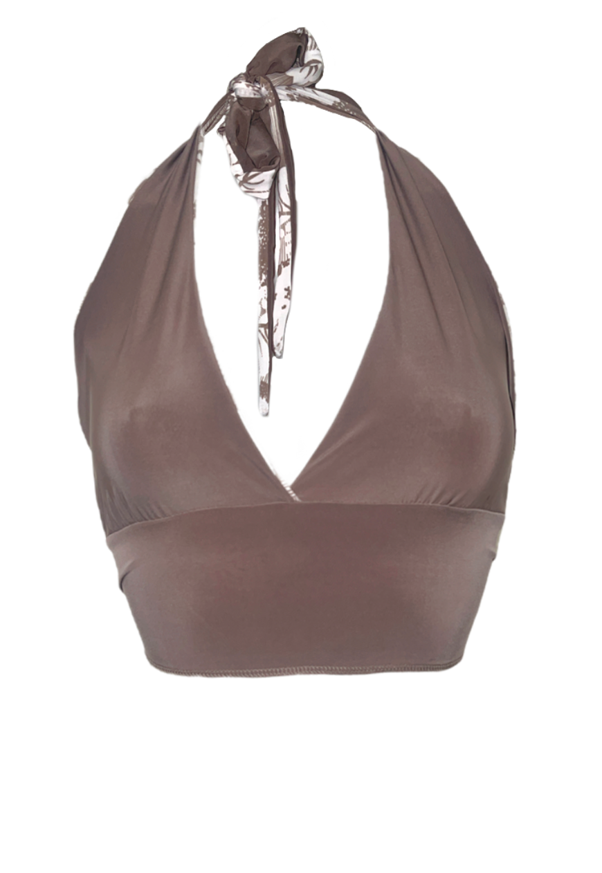 BROWN/ FLOWER REVERSIBLE HALTER TOP (02) - HISSY FIT LTD