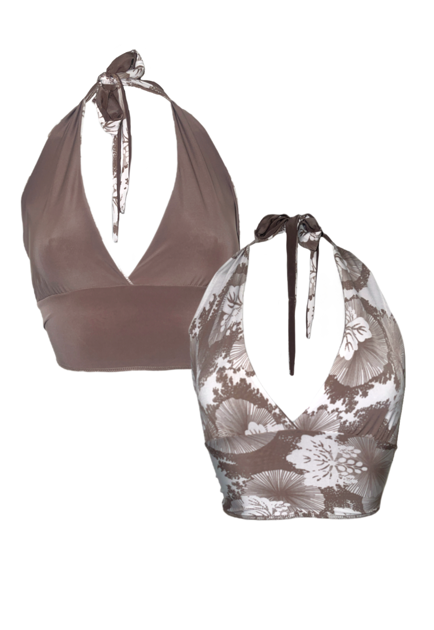 BROWN/ FLOWER REVERSIBLE HALTER TOP (02) - HISSY FIT LTD