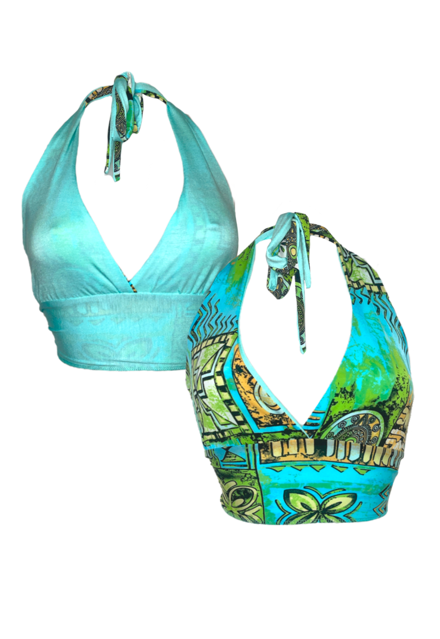 BLUE MOSAIC/ AQUA REVERSIBLE HALTER TOP - HISSY FIT LTD