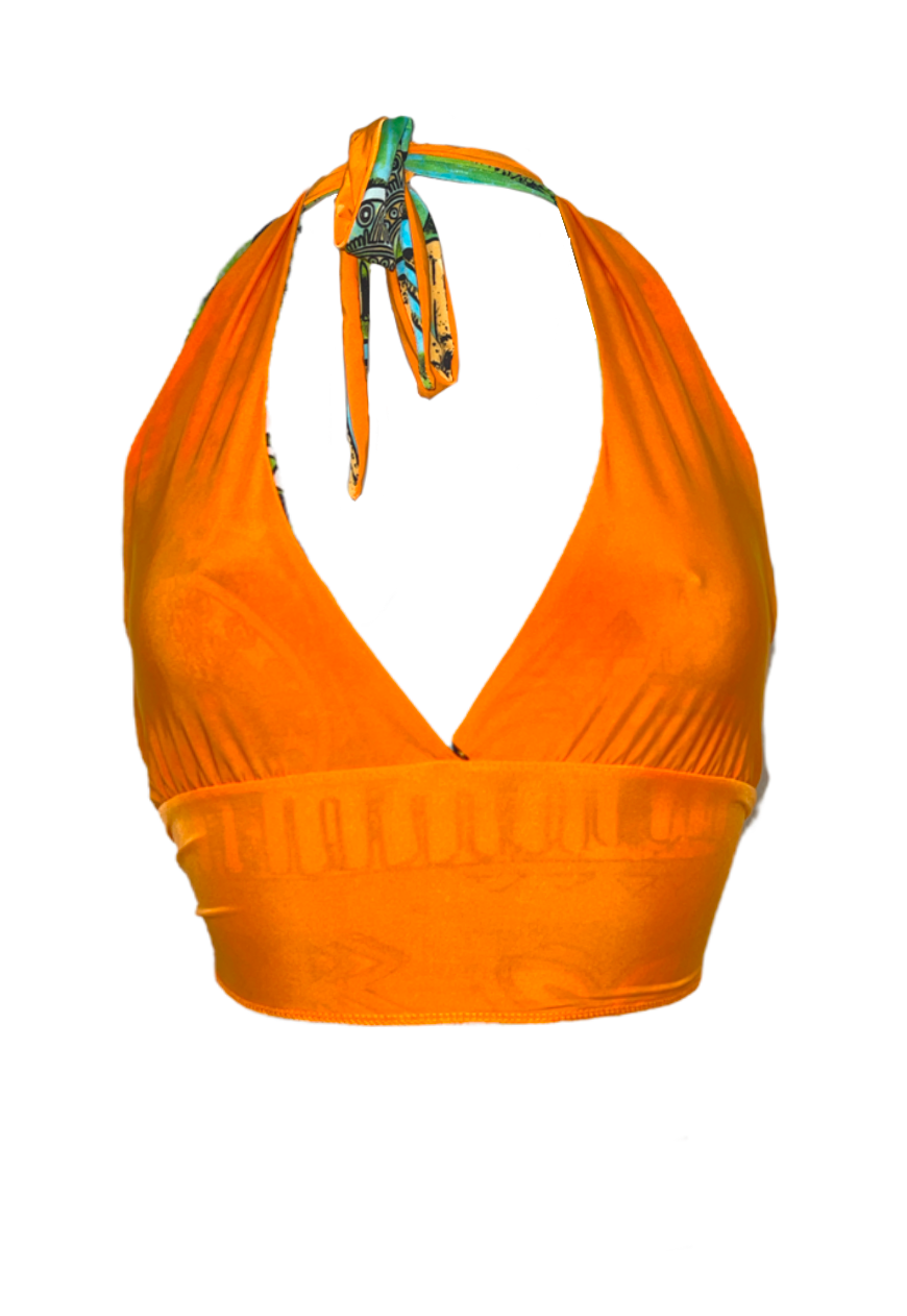 BLUE MOSAIC/ ORANGE REVERSIBLE HALTER TOP - HISSY FIT LTD