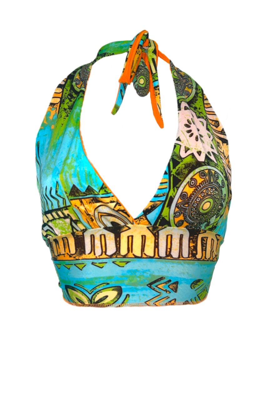 BLUE MOSAIC/ ORANGE REVERSIBLE HALTER TOP - HISSY FIT LTD