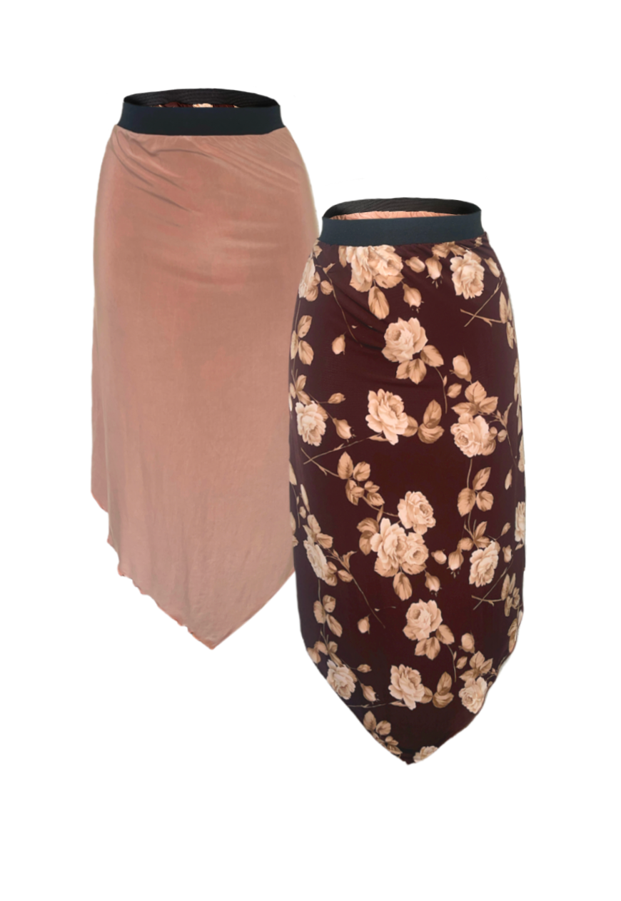 BROWN/BROWN ROSE REVERSIBLE POINTED HEM SKIRT - HISSY FIT LTD