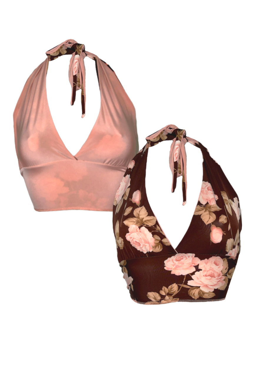 PINK/BROWN ROSE REVERSIBLE HALTER TOP - HISSY FIT LTD