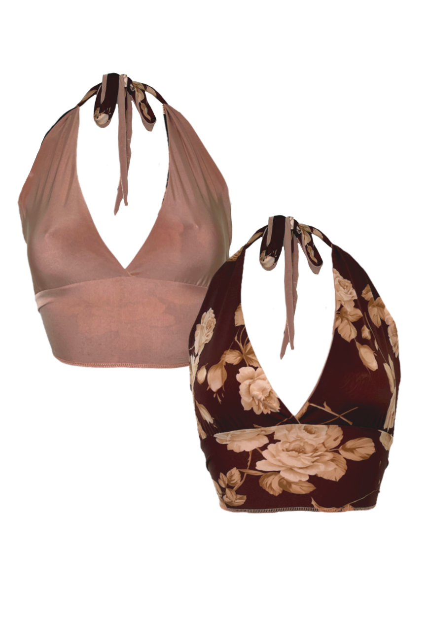 BROWN/BROWN ROSE REVERSIBLE HALTER TOP - HISSY FIT LTD